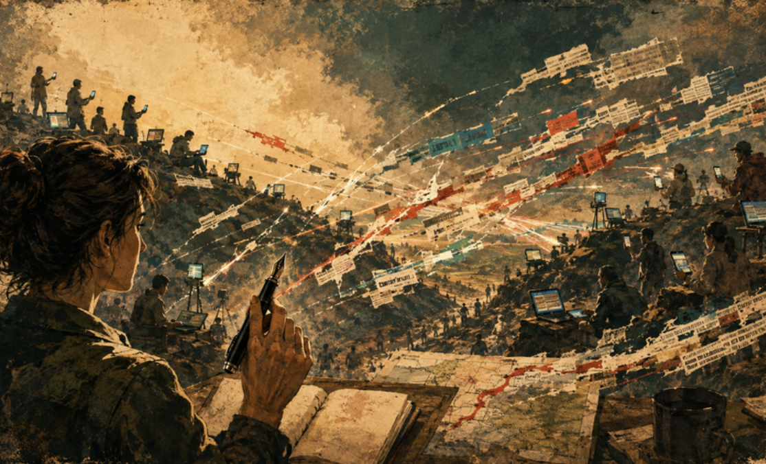 Illustration of a person holding a smartphone as streams of messages cross a crowded landscape.